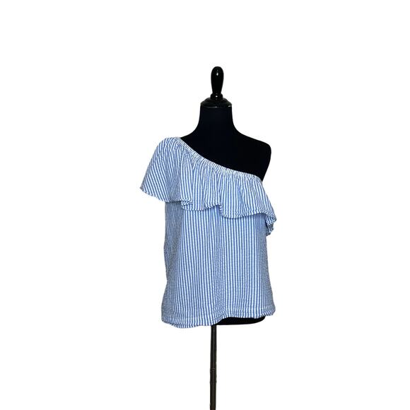 Vineyard Vines blue white stripes one shoulder ruffled top size 4 - Picture 7 of 13